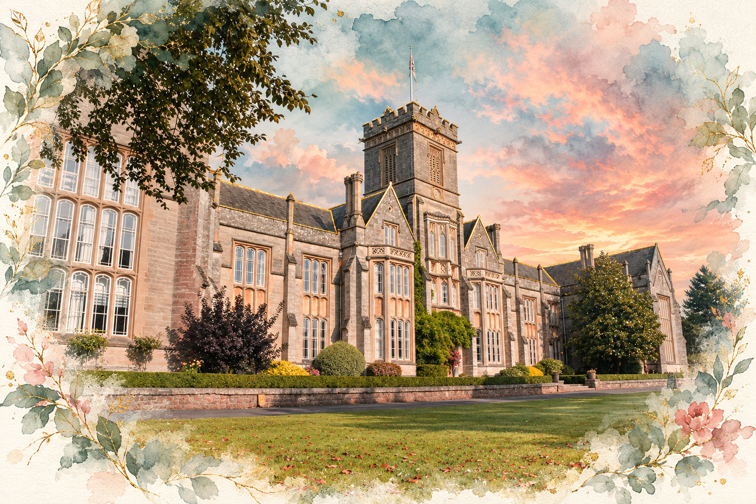 以 LTU 提供的 Queen’s College, Taunton 校舍影像為底圖,加入淡彩植物與紙感;非本次活動或學生返國紀錄。 圖像經 AI 藝術處理。